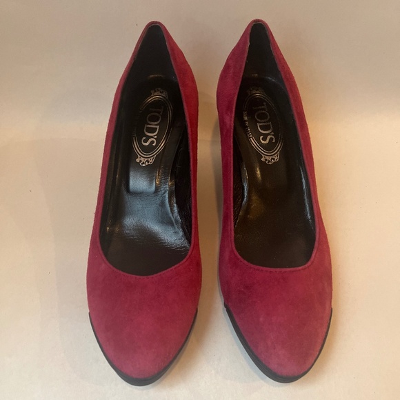 Tod’s Zeppa Gomma Décolleté Pompadour Pink Raspberry Suede Wedges Shoes 7.5 - Picture 2 of 9